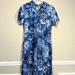 Caribbean Joe Blue Tropical Floral Hibiscus Midi Summer Collar Summer Dress